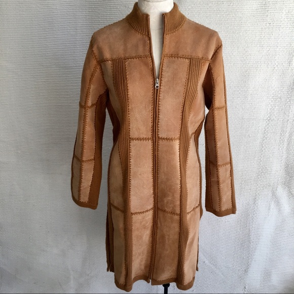 Vintage Suede Leather Knit Patchwork Duster Coat - Picture 7 of 8